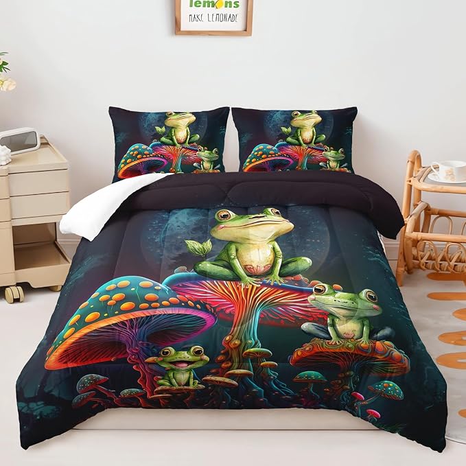 AILONEN Frog Comforter Set Twin Size,Fantasy Magic Mushroom Frog Kids Bedding Set for Boys Girls,Green Wild Animals Duvet Set 3 Pieces, 1 Quilt and 2 Pillowcases, All Season