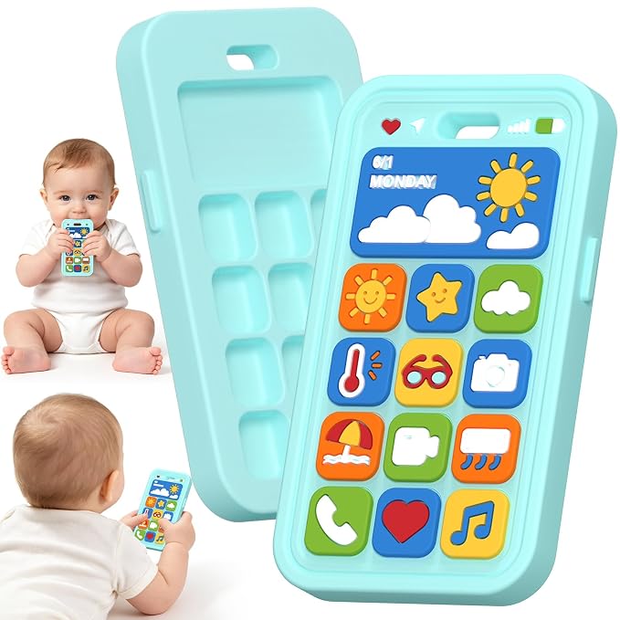 Baby Teething Toys Silicone Baby Phone Teether Over 3 Months - Sensory Chew Toys Baby Teether for Teething Relief - BPA Free Infant Toys Baby Shower Gifts (1, Blue)