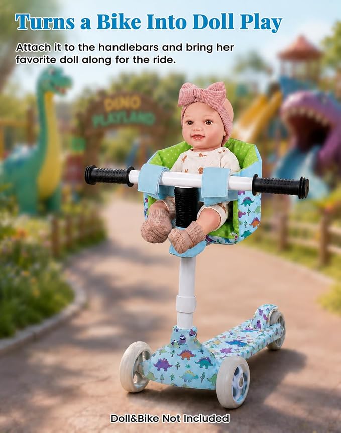 BABESIDE Doll Bike Seat for 12 Inch Dolls, Dinosaur Doll Carrier for Kids Bike and Scooter, Baby Doll Accessories for Outdoor Play, Doll Bicycle Seat Gift for Girls Age 3+