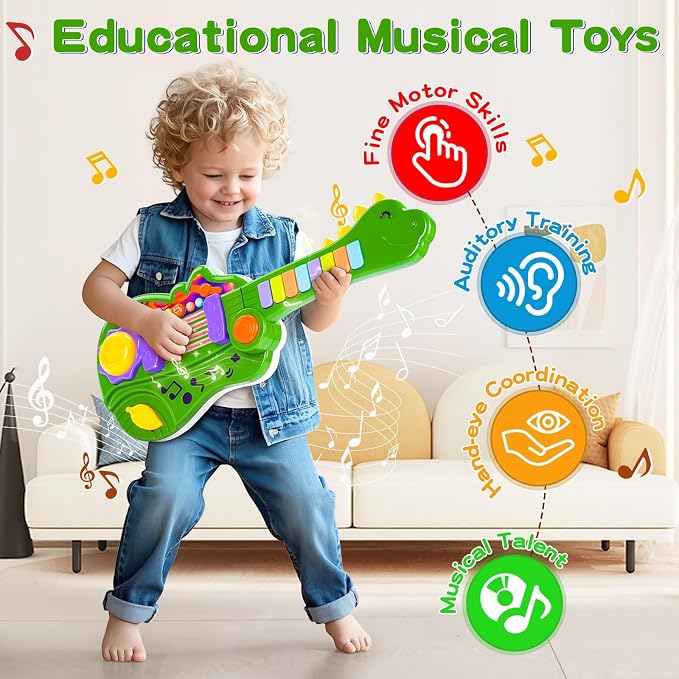 Dinosaur Kids Guitar 2-in-1 Musical Instruments for 3 4 5 Year Old Boys Girls Gifts, Toddler Electric Guitar Piano Toy with Strap & Dino Design (Green)