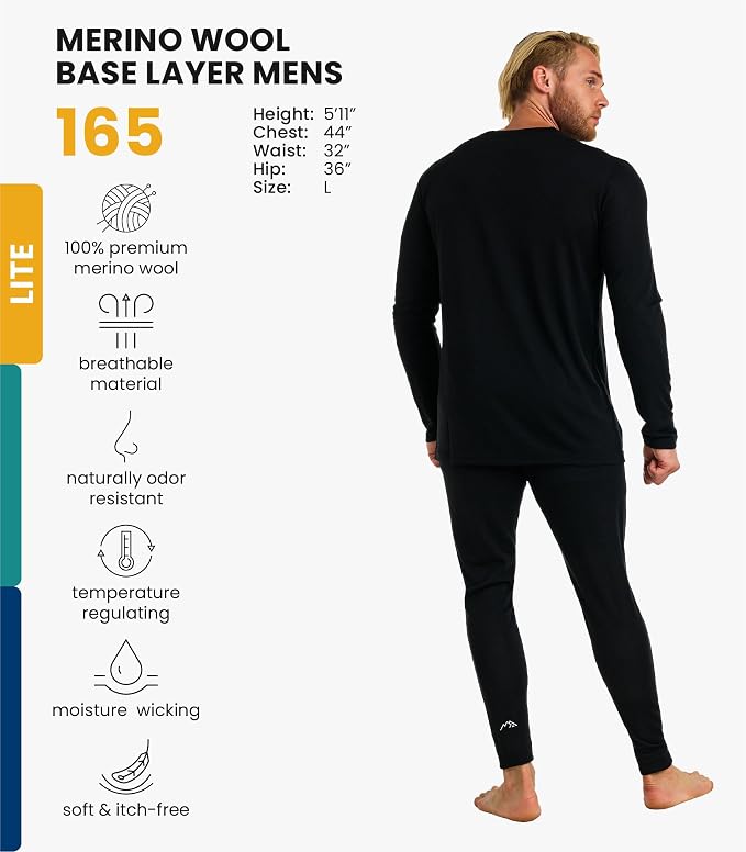 Merino.tech Merino Wool Base Layer Mens Set - Heavyweight, Midweight, Lite Merino Wool Thermal Underwear For Men Top, Bottom