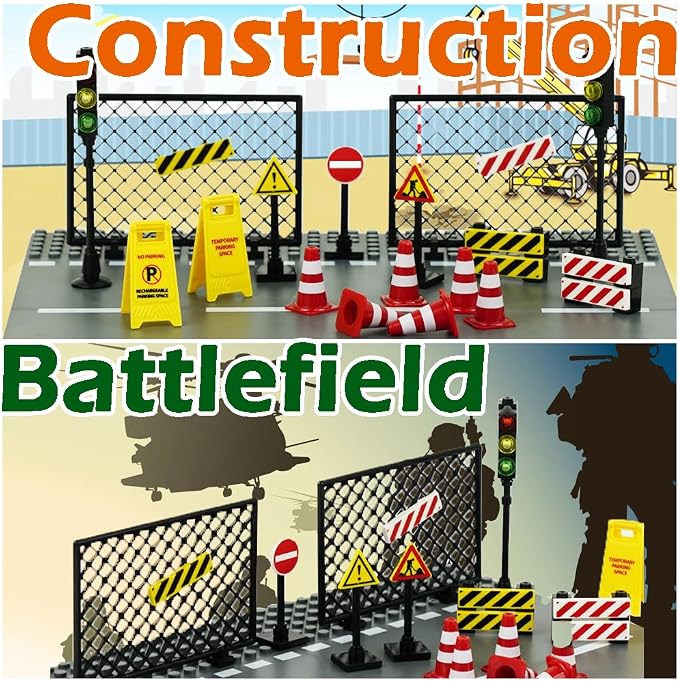 City Road Signs Bricks Accessories, Construction Site Street Signs, Mini Traffic Cones & Crosswalk Signal Toys for Kids Building Blocks Toys for Boys Girls