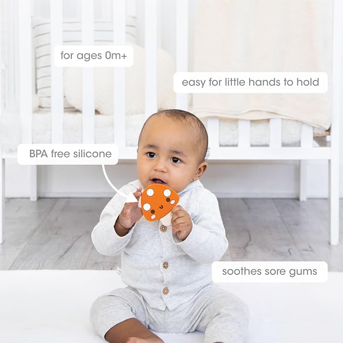 Pearhead Mushroom Silicone Baby Teether, Teething Toy for Babies 0+ Months, BPA Free Teether, Safe and Gentle Teething Relief