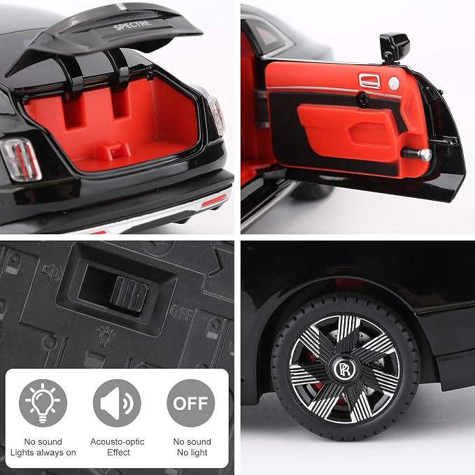 BDTCTK Compatible for 1:24 Rolls Royce Spectre Model Car, Diecast Collectible Pull Back Toy Car with Sound and Light for Adults Kids Boys Girls, Gift Black