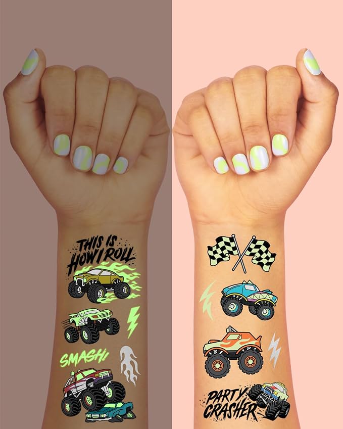 xo, Fetti Glow In The Dark Monster Truck Temporary Tattoos - 50 Foil Styles | Truck Birthday Party Decorations, Boys Pick Up Truck Party Favors, Race Car Temp Tats, Kids Arts and Crafts Supplies