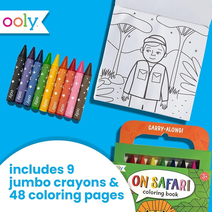 Ooly Kids Travel Activity Kit – 9 Jumbo Crayons & 48 Coloring Pages, Car Crafts for Kids, Mess-Free Road Trip Art Set, Airplane Activities – Safari
