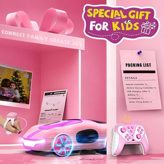 AEROQUEST Pink Hand Controlled RC Cars for Girls | Remote Control Stunt Drift USB-C Charging Light Spray Sound Gesture Sensing Spotrs Birthday Holiday Gifts 2.4GHz 4WD