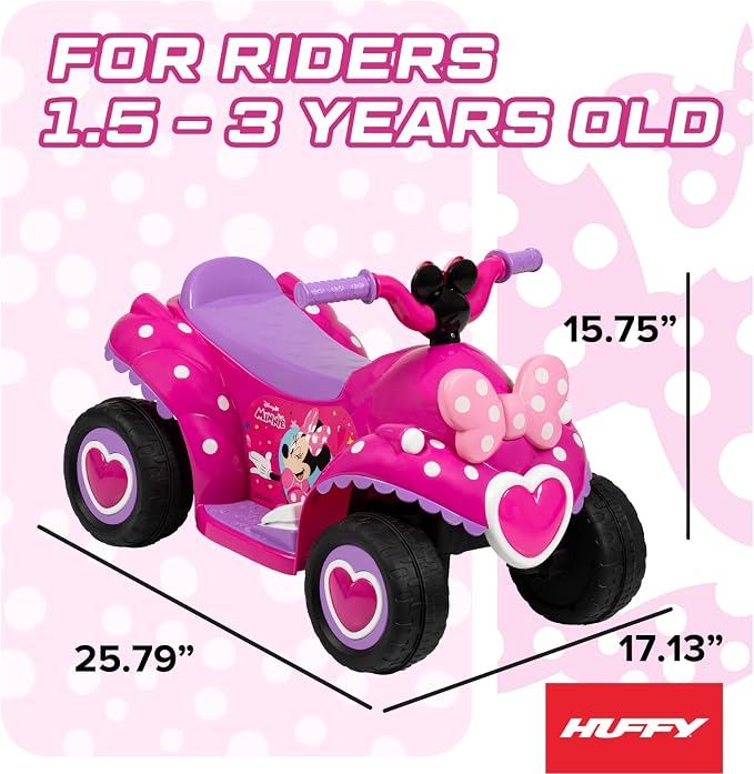Huffy Disney Minnie Mouse 6V Quad Ride-On, Ages 1.5–3, Easy Push-Button Drive, Stable 4-Wheel Design, Toddler-Friendly Speed
