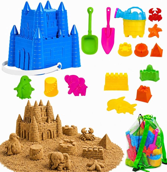 4E's Novelty Beach Toys for Kids with Bag (17 Pcs Set) Castle Beach Bucket with Shovels & Molds Kit - Sand Toys Set for Toddlers with Mesh Beach Bag Backpack, Easter Basket Stuffer