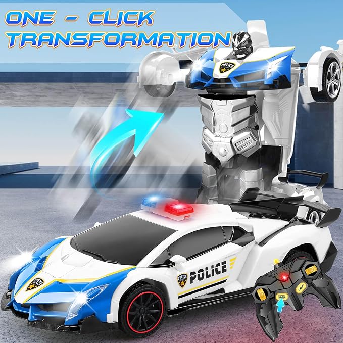 Remote Control Car Transformer Toys for Boy 4-6 Years Old: One-Button Transforming Police Car with LED Light & 360° Rotation Drifting 2.4 Ghz Robot RC Car Christmas Birthday Gift Idea for Kids