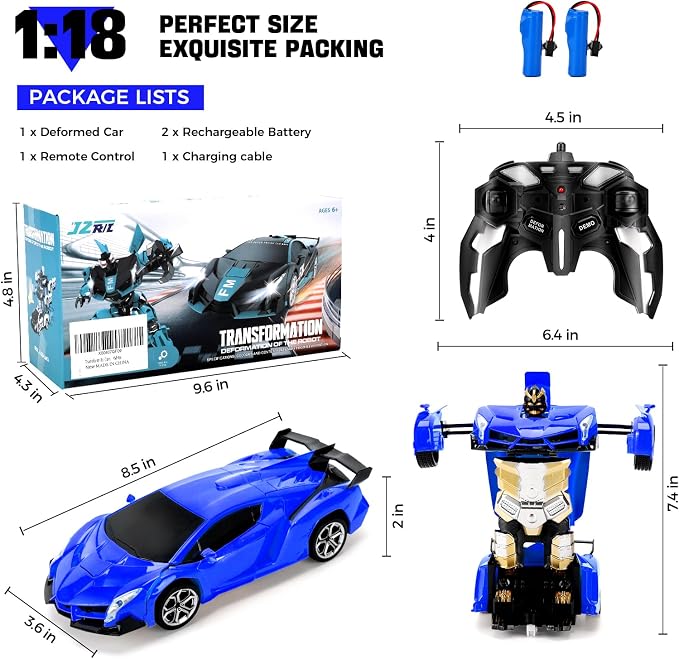 Blackma Remote Control Car - Transform, One-Button Deformation & 360°Rotating Drifting, Transform Robot RC Car with LED Light, Toy Gifts for 4 5 6 7 8 9 10 11 12 Years Old Boy (Blue)