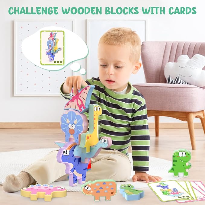 Zeoddler Montessori Toys for Toddlers, 10 Pack Wooden Dinosaur Stacking Blocks, Sorting & Stacking Preschool Learning Activities, Gift for Boys, Girls