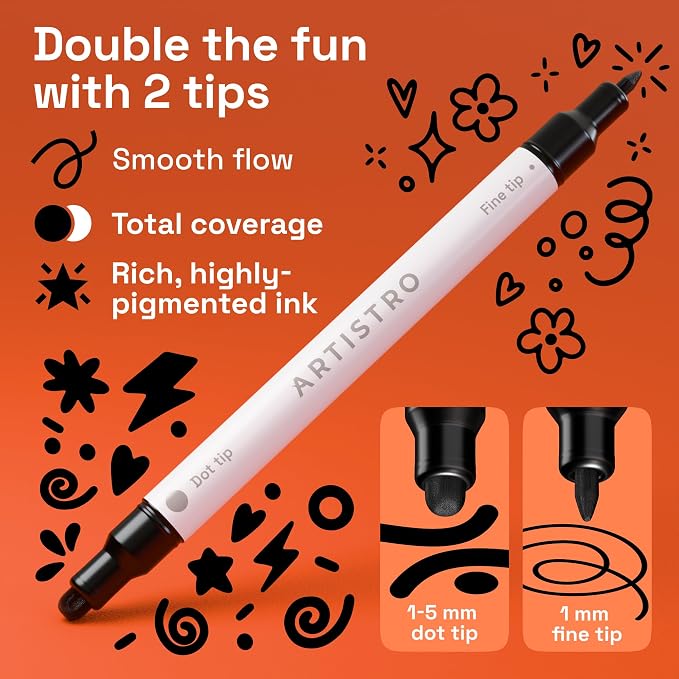 ARTISTRO 36 Black Dual-Tip Acrylic Paint Markers – Paint Pens Set with Dot & Fine Tips for Fabric, Rock, Glass, Wood, Coloring Books – Arts & Crafts Gift – Classroom Must Haves & School Supplies