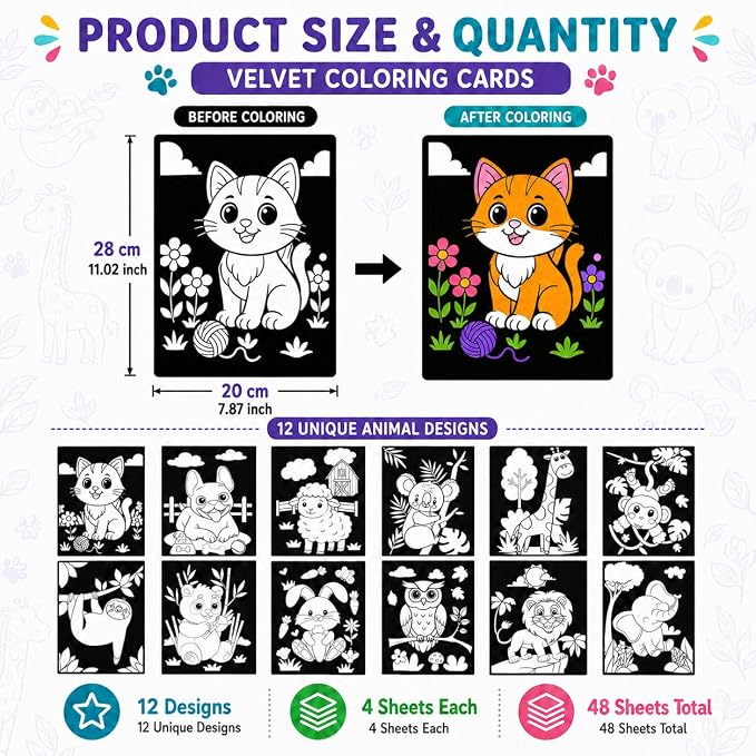 Cinrobiye 48 Pcs Velvet Coloring Posters Cute Animals Fuzzy Posters to Color Bulk Felt Coloring Page Craft for Adults, Teens and All Ages, Classroom, Assisted Living Stress Relief Activities