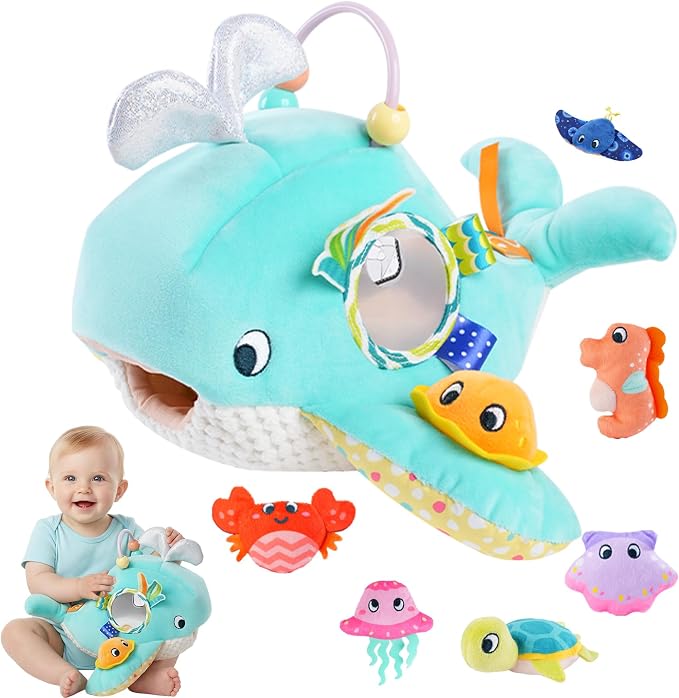 Baby Sensory Toys 6-12 Months - Montessori Ocean Adventure Set with Soft Whale & 6 Sea Animals, Rattle, Crinkle, Squeaker & Mirror for Fine Motor Development