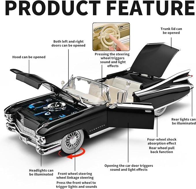RZAPE Toy Car Models 1/24 Diecast Cars Eldorado Metal Model Car Carros De Coleccion,Model Cars Kits for Adults and Boys,Pull Back Car with Lights and Sounds,Toy Cars for Boys Age 4-7（Black）