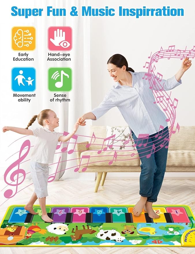 Baby Musical Learning Toys , Floor Piano Playmat for Toddlers with Animal Flash Cards Music Sound for Early Education Touch Keyboard Blanket Birthday for Baby Boys Girls