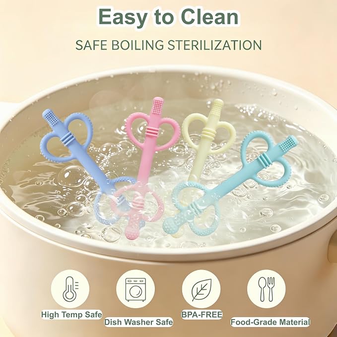 4 Pack Baby Teething Toys, Heart-Shaped Easy-Grip Silicone Teething Sticks, BPA-Free Multi-Texture Teething Tubes, Sensory Chew Toys to Soothe Gums 3-36 Months with Cleaning Brush
