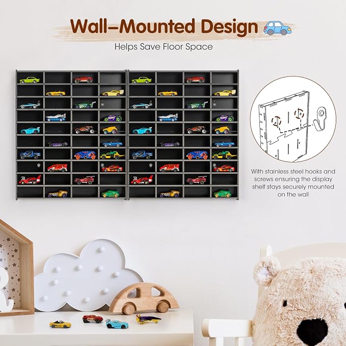 Krafetto 2 Pack Toy Car Display Shelf, Holds 80 Diecast 1/64 Toy Cars, Wall Mount Model Car Storage Organize Case, Black