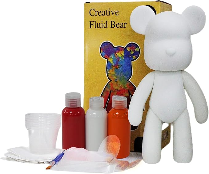 HANDA DIY Painting Fluid Bear Teddy Bear Painting Kit Set Creative Home Decorations Handmade Doll Figurine Toys Gift for Birthday Valentines (13.4 inch, Red+Orange+White)