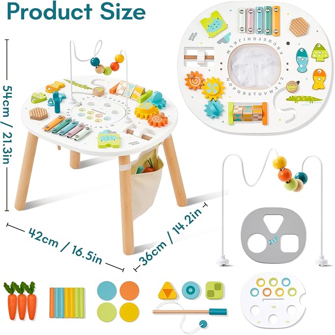 Giant bean® Wooden Activity Table for 1 Year Old, 11-in-1 Montessori Learning Table with Bead Maze, Shape Sorter, Fishing Game & More – Sensory Development Toy for Toddlers, Ideal 1st Birthday Gift