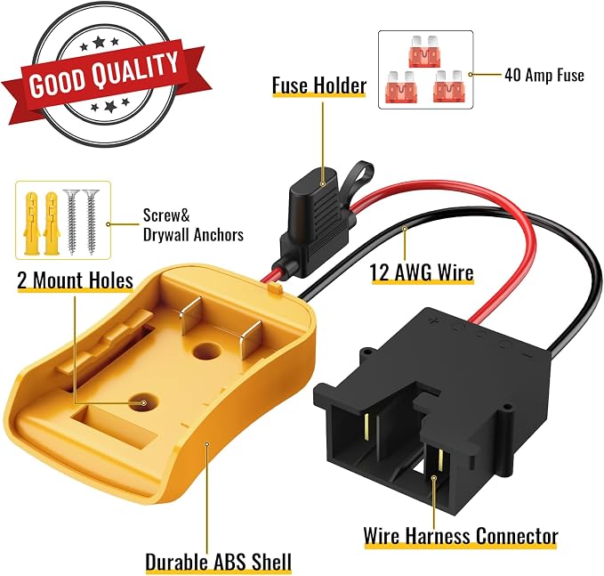 Azocek for Power Wheel Adapter Compatible with Dewalt 20V Battery with Wire Harness Connector Compatible with 12 Volt Power Wheel, 12AWG Wire with 40A Fuse