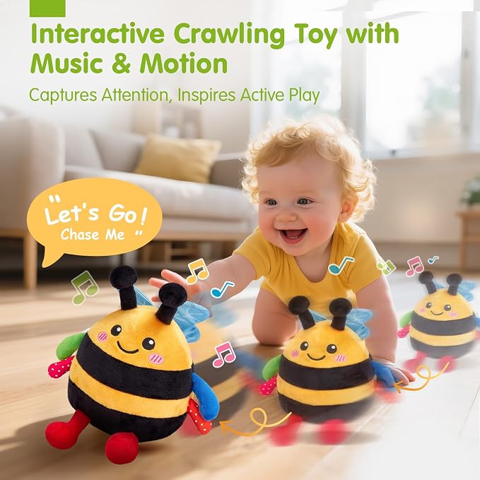 hahaland Tummy Time Bouncing Bee Toy for 6-12 Month, Musical Dancing Plush Bee Baby Toys 9 Month Old, Vibrating & Buzzing Bee Toy Gifts for 1 Year Old Boy & Girl