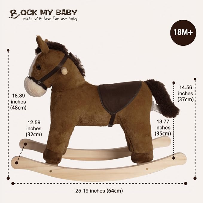 Rock My Baby Rocking Horse, Dark Brown Horse Rocker for Toddlers 18M+, Plush Ride on Horse Toy with Realistic Sound,Soft Stuffed Filling, CPC Certified