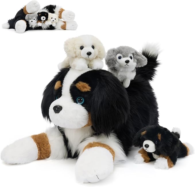 Tezituor Dog Stuffed Animal,26 Inch Border Collie Plush Toys Set with 3 Puppies,Realistic Mommy Dog Plush,4PCS Black White Puppy Plushies,Soft Dog Plush Gift for Girls Boys Kids Birthday Christmas