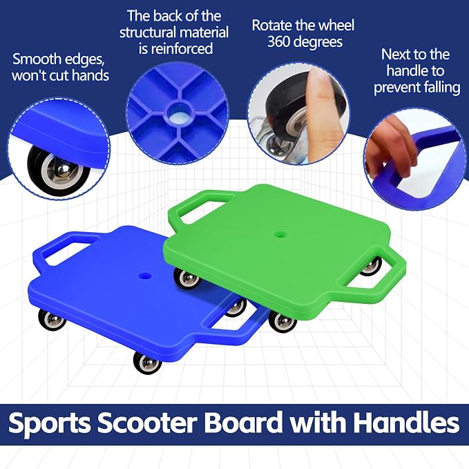 2 Pcs Sports Scooter Board with Handles Colored Floor Sitting Scooter Board with Plastic Casters for Kids Gym Indoor Outdoor Activities Play Equipment