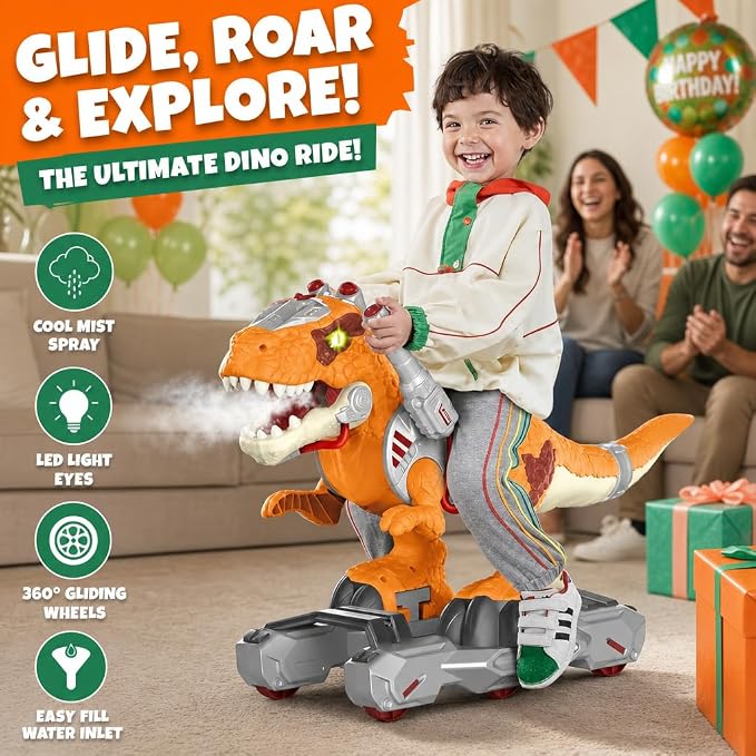 Dinosaur Ride-On Scooter for Toddlers – Electric Push & Ride Foot-to-Floor Sliding Rideable Toy with Music, Lights, Mist Spray for Boys & Girls - Orange (Orange)