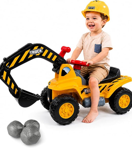 Kids Excavator Ride On Toys for Boys and Girls 2+ Years, Foot-to-Floor Ride On Excavator with Sounds, Steering Wheel, Storage, Toy Hard Hat and 3 Rocks
