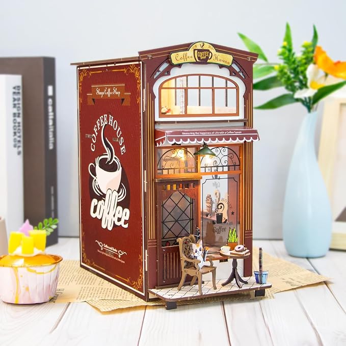 DIY Book Nook Kit - Dollhouses Café with LED - Miniature 3D Wooden Puzzle House Kit - Educational Toys forAdults and 14+ Teens Building