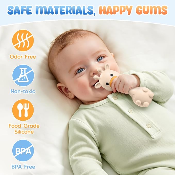 Baby Teething with Rattle Toys 3-6 6-12 Months, BPA Free Silicone Baby Teether, Infant Chew Toys for Teething Relief, Baby Gifts for Newborn Boys Girls, Easy-Grip, Beige