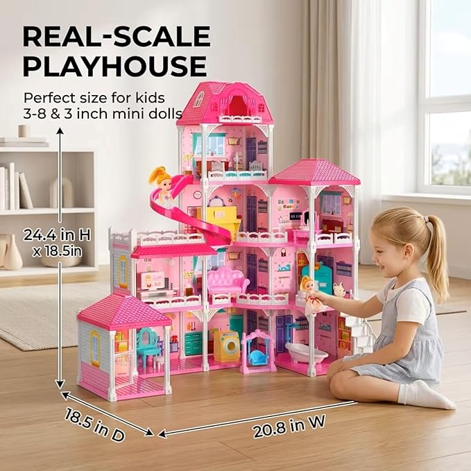 Doloowee 4-Story Dollhouse with Slide & 2 Dolls, 10-Room Toy Playhouse | Ideal screen-free play for girls ages 3-8; perfect for birthday parties, Christmas, and princess bedroom activities.
