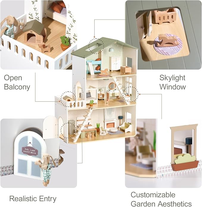Giant bean Modern Wooden Dollhouse with Lights & 37PCS Furniture Set – Nordic Style 3-Story Playhouse for Kids Age 3+, Natural Wood Montessori Doll House with Realistic Rooms, Gift for Girls & Boys