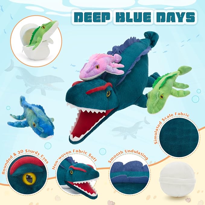 Blue Dinosaur Stuffed Animal,Giant Dinosaur Plush Toy,Mommy Mosasaur with Babies & Egg, Soft Mosasaurus Plushie,Realistic Dino Stuffy,Gifts for Kids Boys Girls Easter Christmas Birthday