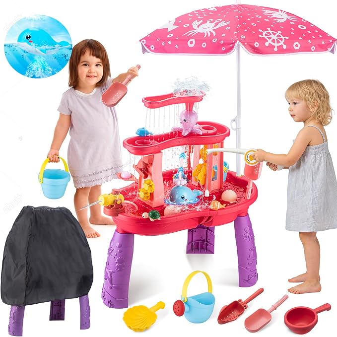 Water Table for Toddlers 3-5 with Umbrella Outdoor Toys for Kids Ages 4-8 Kids Sand Water Table with Fishing Game Set Activity Sensory Table with Water Pump Summer Beach Toys