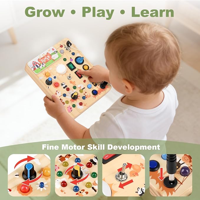 Busy Board for Toddlers 1-3 - Montessori Educational Sensory Toy with 10 Switches & 19 Lights, Activity Board for Fine Motor Skills, Travel Toys for 1+ Year Old Boy & Girl Birthday Gift（Farm Theme）