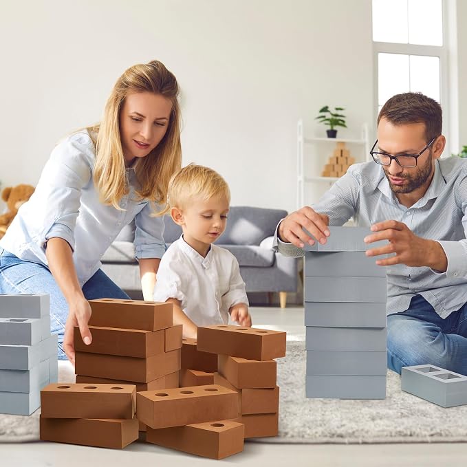 Deekin Foam Brick Building Blocks for Kids Thick Blocks Foam Large Fake Brick Construction Toy for Stacking Construction Gifts, 8 x 4 x 2.4 in(60 Pcs,Square Circle Holes)