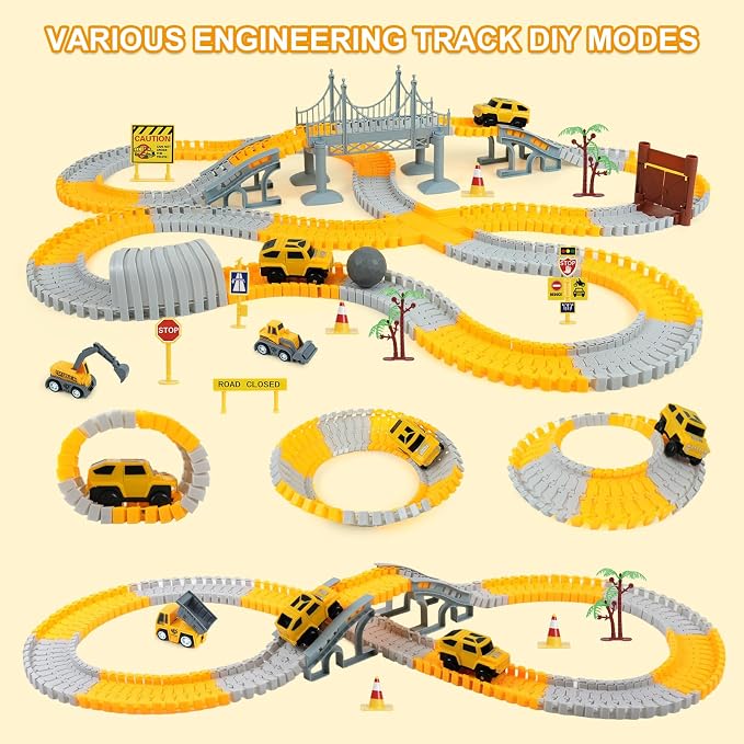 Construction Race Tracks Toys for Kids - 330+ PCS Track Play Set with Cars and Construction Trucks, Best Birthday Gifts for 3 4 5 6 7 Year Old Boys, Flexible DIY Engineering Building Set