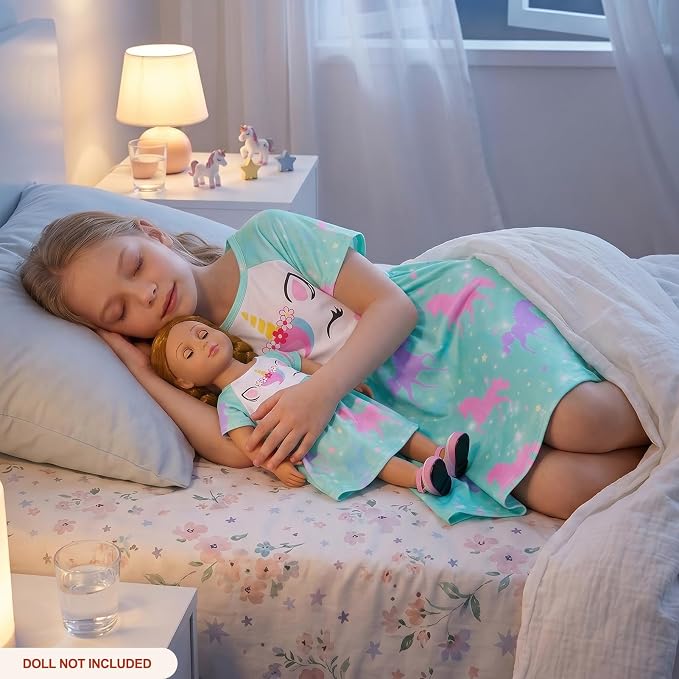 Play Tailor Doll and Girl Matching Nightgown Unicorn Outfit Pajamas Night Dress for Girls and 18" Dolls Clothes