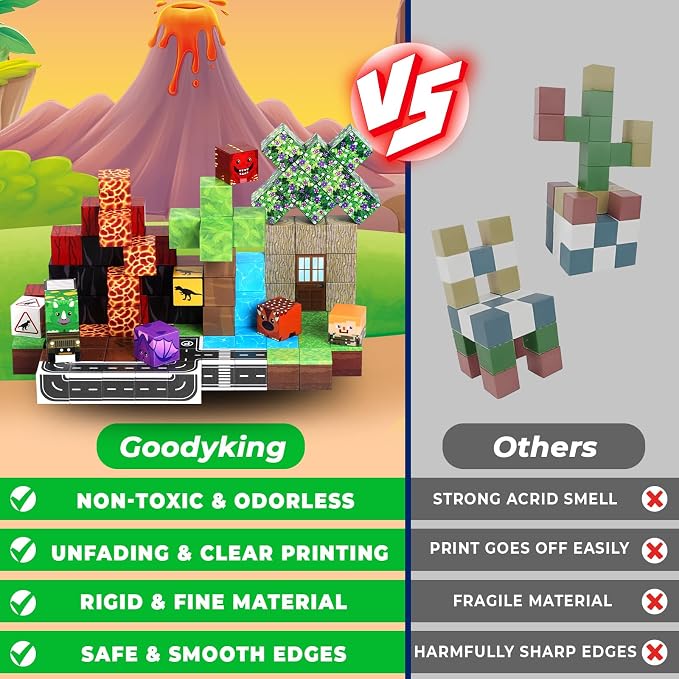 Goody King Dinosaur Volcano Magnetic Blocks |100PCS Dinosaur Magnetic Blocks Cubes,STEM Montessori Sensory Toys for Toddlers Kids Boys Girls Ages 3-5 6-8 Christmas Birthday Easter Gifts