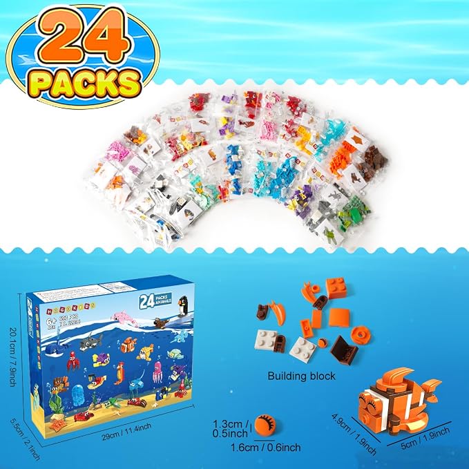 HOGOKIDS 24 Pack Party Favors for Kids Building Set - 629PCS Mini Marine Animals Blocks Toy for Easter Valentines Day Goodie Bag Stuffers Classroom Prizes Gifts fo Kids Boy Girl Student Ages 6-12