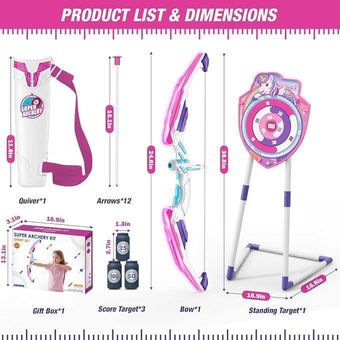 HYES Bow and Arrow for Kids, LED Light Up Unicorn Archery Set with 12 Suction Cup Arrows, 1 Standing Glow Target, 3 Score Targets & 1 Quiver, Indoor Outdoor Sport Toys for Boys Girls Ages 4-12