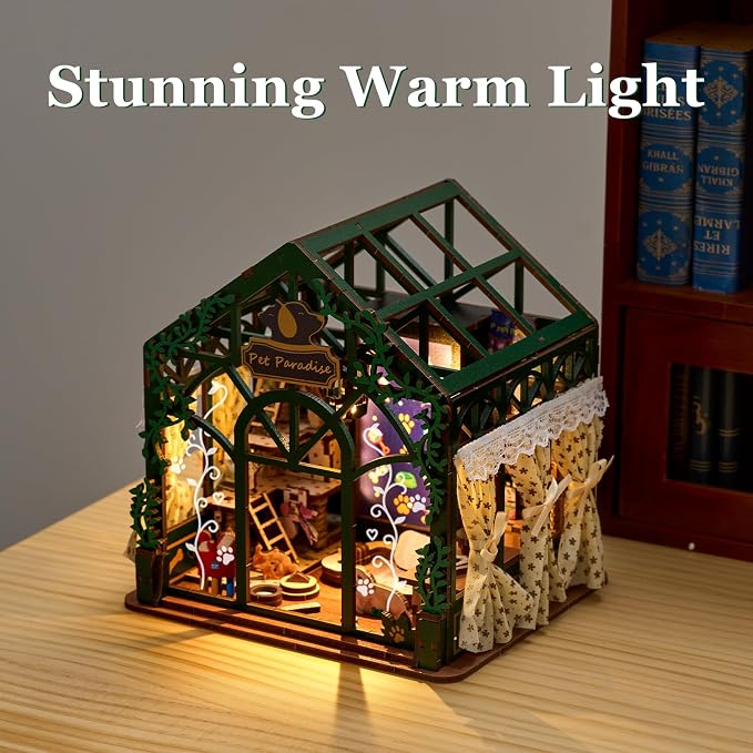 DIY Miniature Dollhouse Kit,3D Wooden Puzzles for Adults to Build, Birthday/Christmas Day Gift for Pet Lovers,Mini Furbabies‘ House with LED Lights,Pet Paradise