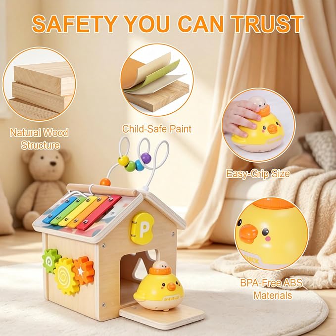 Wooden Activity Cube for Toddlers 1-3 with Press to Go Car Toy, Montessori Baby Educational Learning Toys for Kids, Multipurpose Infant Activity Center, for Girls Boys 1+ Year Old