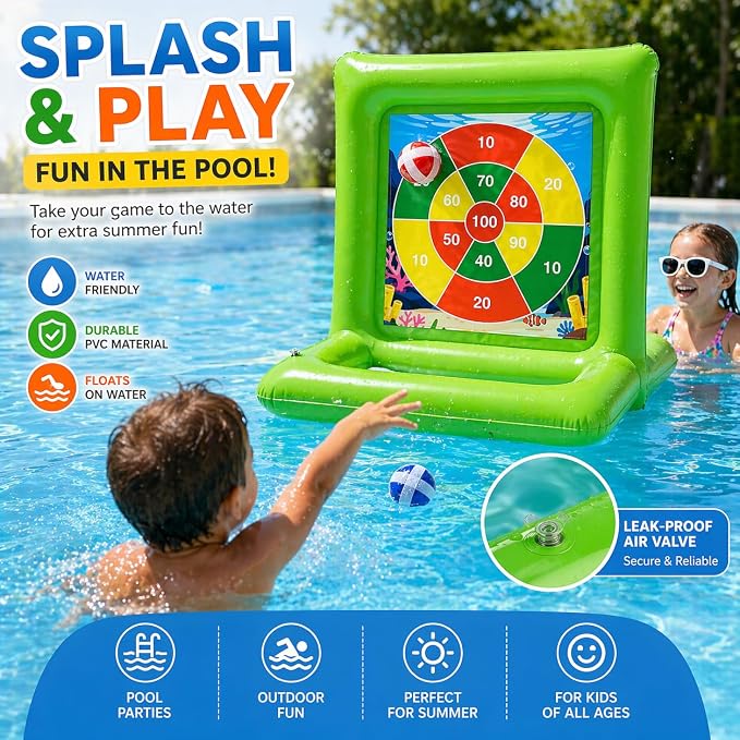 Pool Toys for Kids & Adults, 2-in-1 Dart Board and Tic Tac Toe Pool Game with 24 Sticky Balls, Family Summer Water Games for Backyard, Pool Party and Swimming Pool, Green