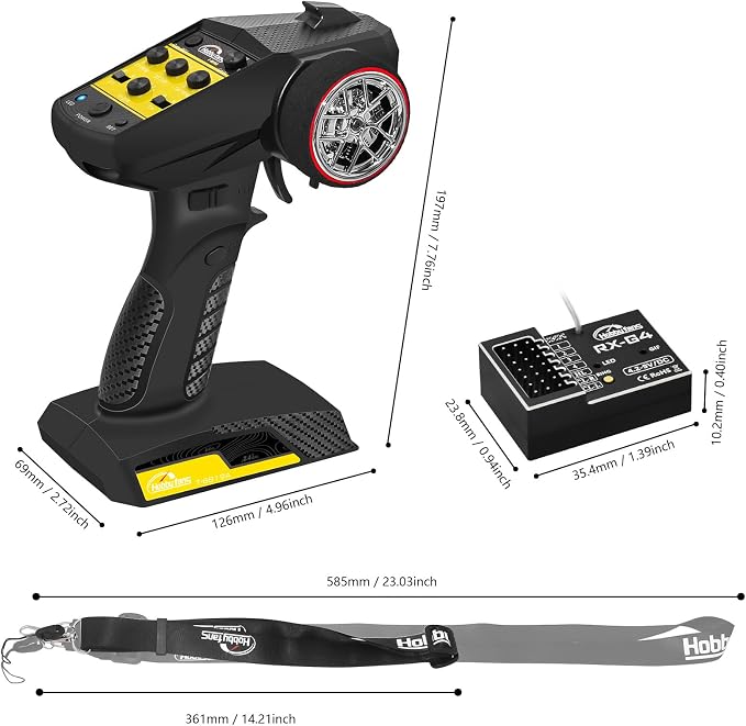 RC Radio System 4CH 2.4G RC Transmitter with Receiver Built-in Gyro and Lanyard Anti-Jamming Remote Controller for RC Car Crawler Boat (Black & Yellow)
