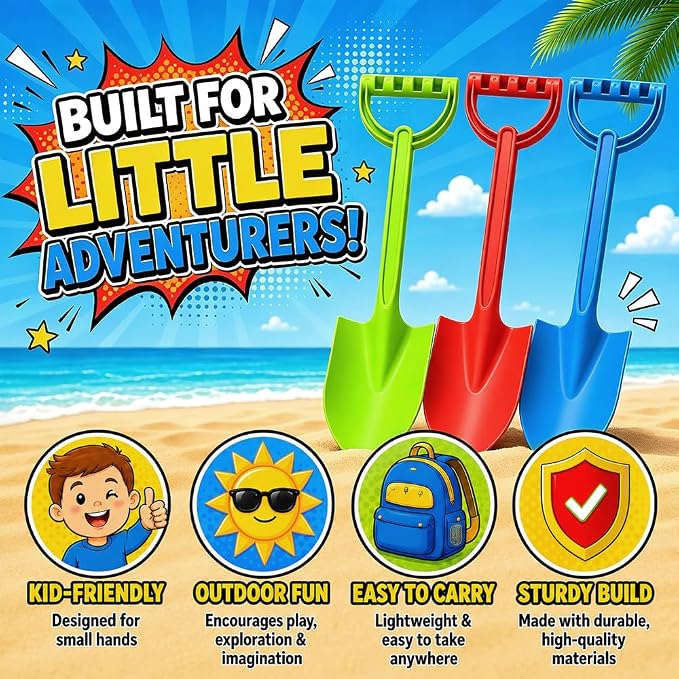 16" Beach Shovel Spade Scoop Sandbox Toy, Heavy Duty Shovel Garden Digging Sand Toy for Adults, Water Pool Bathtub Toy for Kid 4-8 8-12 Gift, Summer Vacation Camping Travel Essential - Blue Red Green